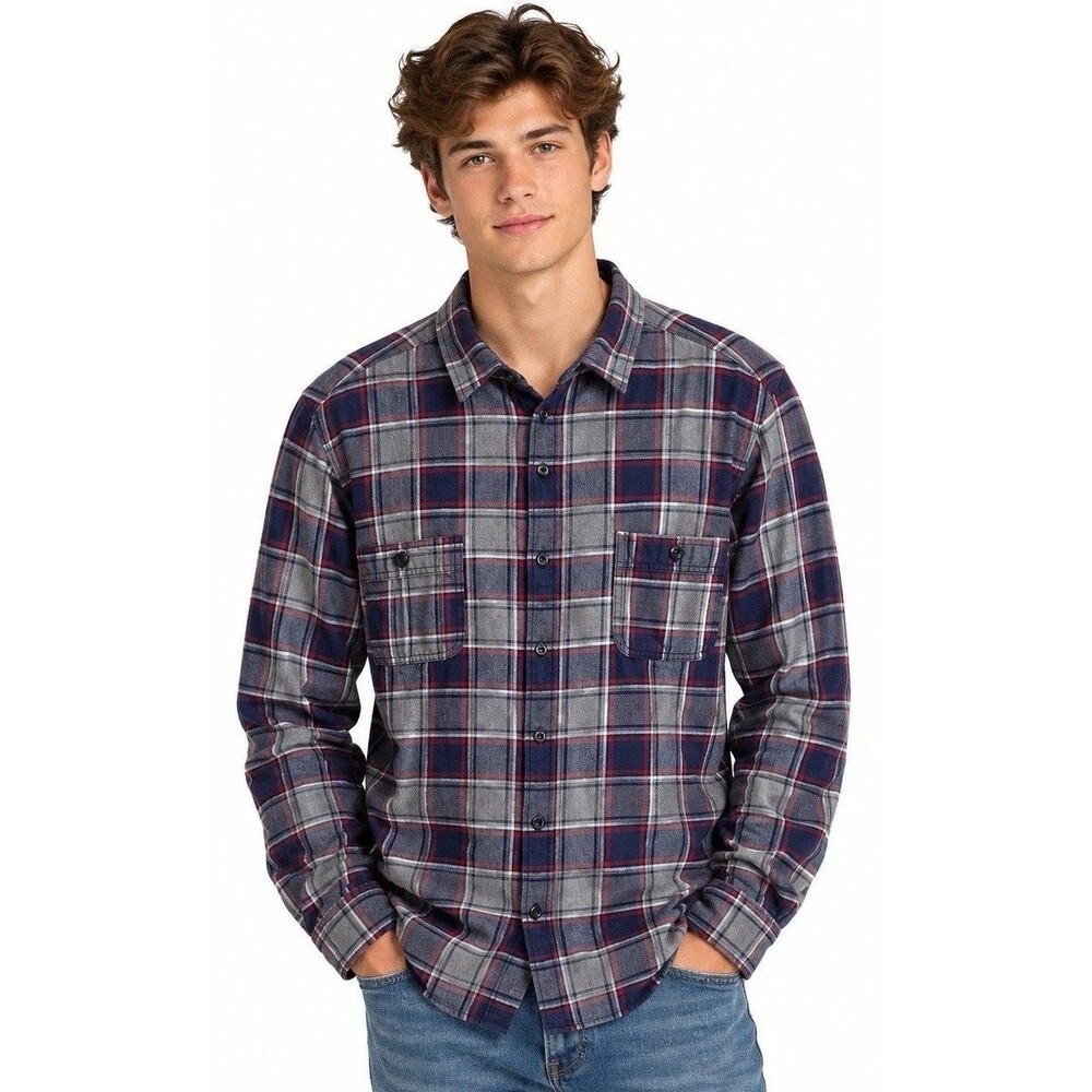 J.Crew Sportsmen Outfitter Mens Shirt Sz XL Slim Flannel Plaid Navy/Gray Grunge